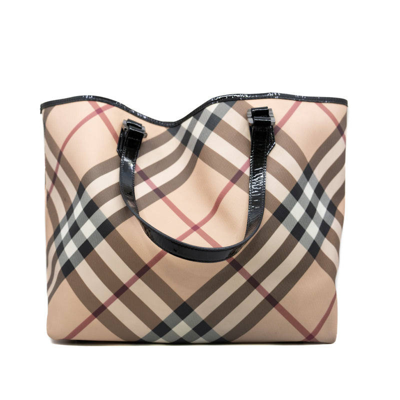 Burberry Beige Nova Check Coated Canvas and Patent Leather Nickie Tote with Pouch