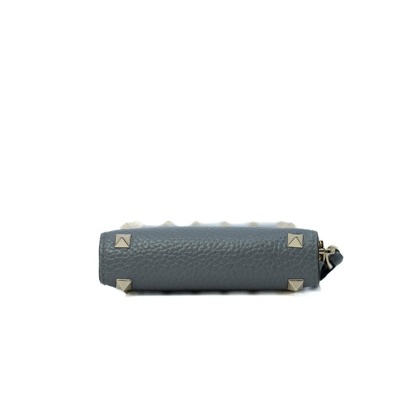 Rockstud Zip Around Wallet In Grey Calfskin Leather GHW - L'UXE LINK