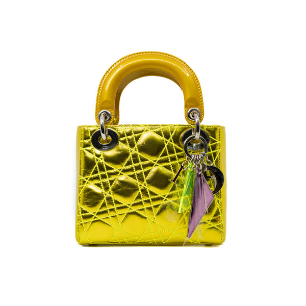 Limited Edition Mini Lady Dior In Neon Yellow/Gold Leather Handbag PHW With Strap - L'UXE LINK