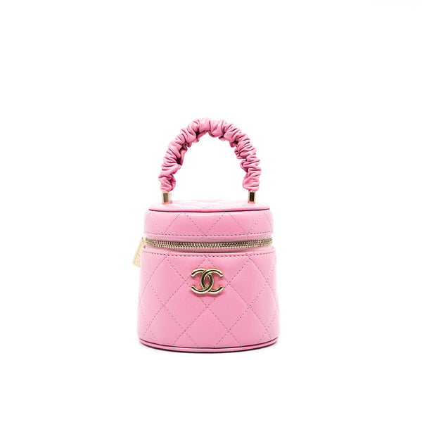 Mini Vanity Case With Ruched Handle In Pink Lambskin Quilted Handbag GHW Seri 32 - L'UXE LINK