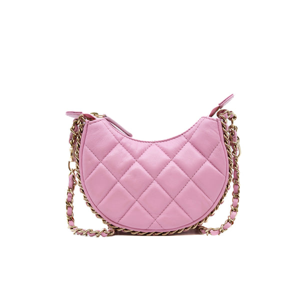 Mini Chain Around In Pink Lambskin Leather Hobo Bag GHW - L'UXE LINK