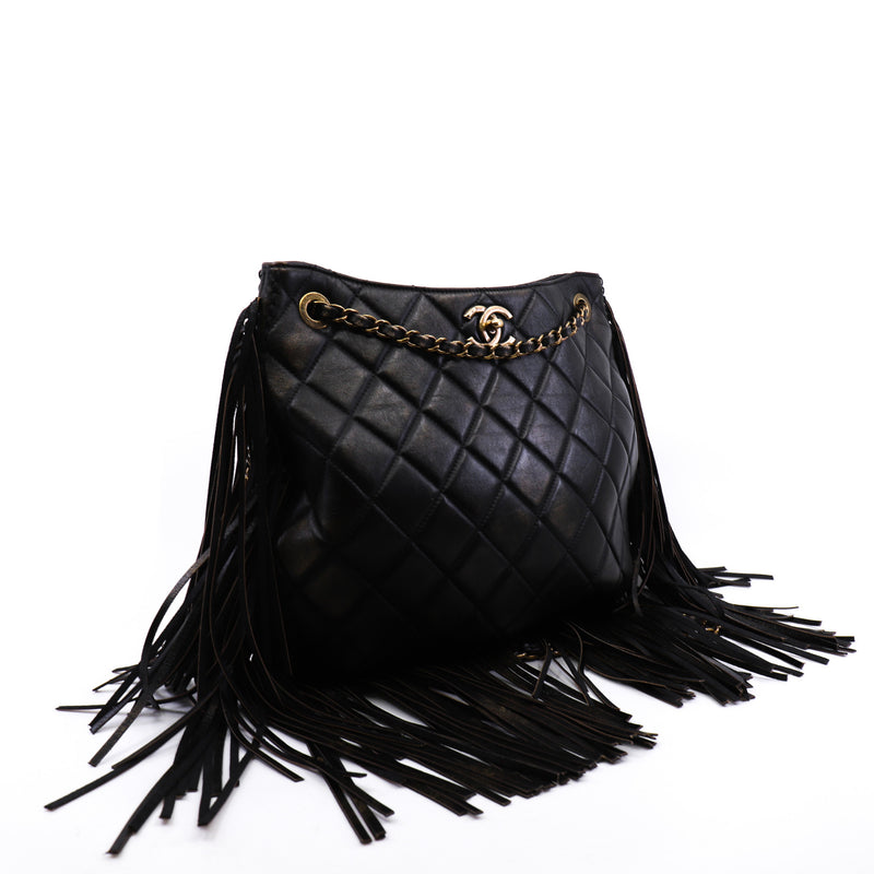 Into The Fringe In Black Brown Calfskin Quilted Hobo Bag GHW Seri 19 - L'UXE LINK