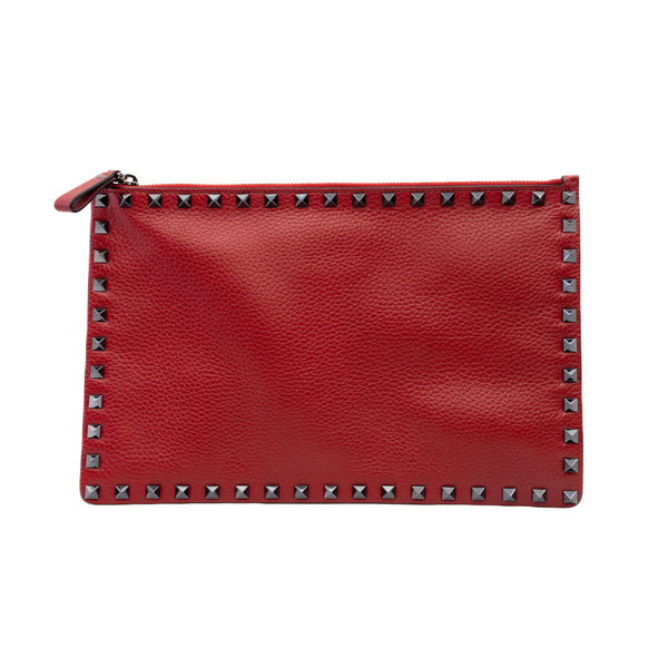 Black Rockstud Red Calfskin Zip-Up Clutch Bag - L'UXE LINK