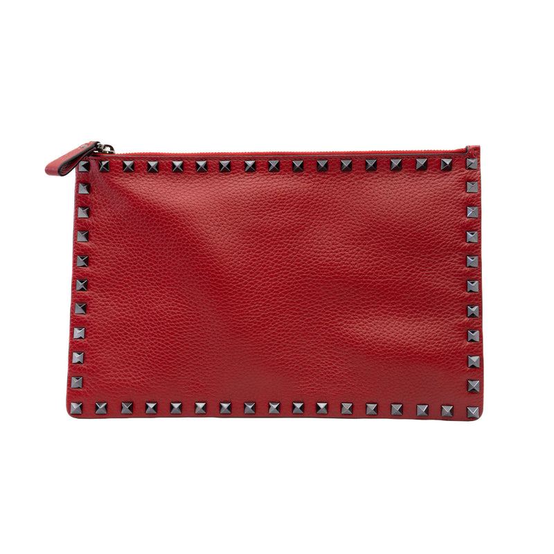 Black Rockstud Red Calfskin Zip-Up Clutch Bag