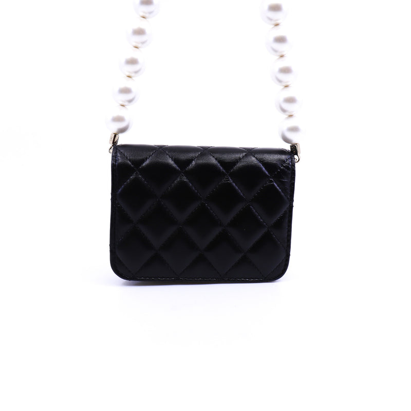 Black Lambskin Leather Quilted Maxi Pearls Chain Card Holder Flap Bag LGHW Seri 31