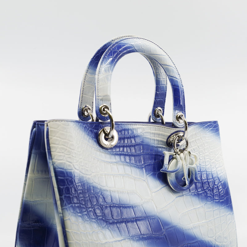 Medium Diorissimo In White/Blue Crocodile Leather Handbag PHW With Strap - L'UXE LINK