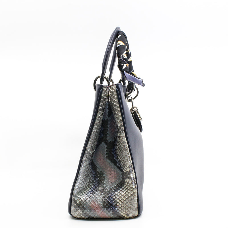 Medium Diorissimo In Blue/Beige Python/Calfskin Leather Handbag PHW With Strap - L'UXE LINK