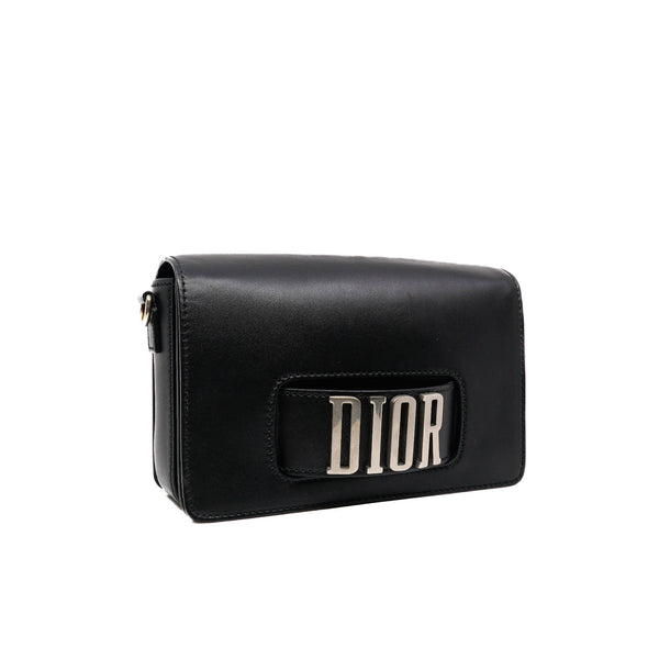 Dio(r)evolution Flap Bag Black Leather Medium Phw With Leather Wide Strap - L'UXE LINK