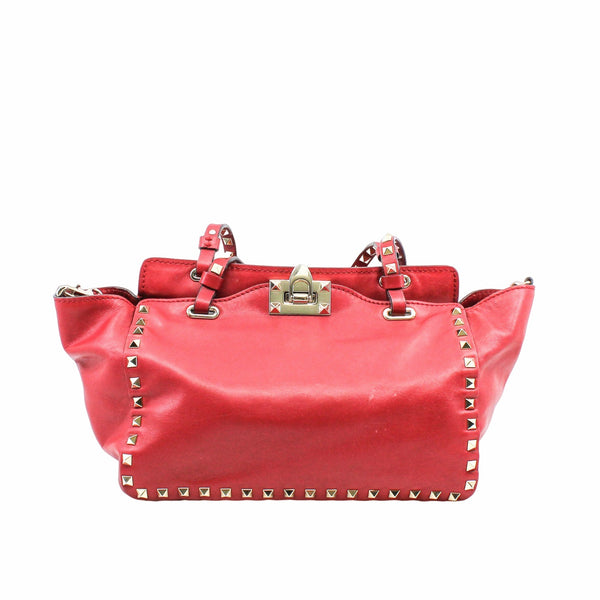 Rockstud Tote Pebbled Small Leather Red PHW - L'UXE LINK