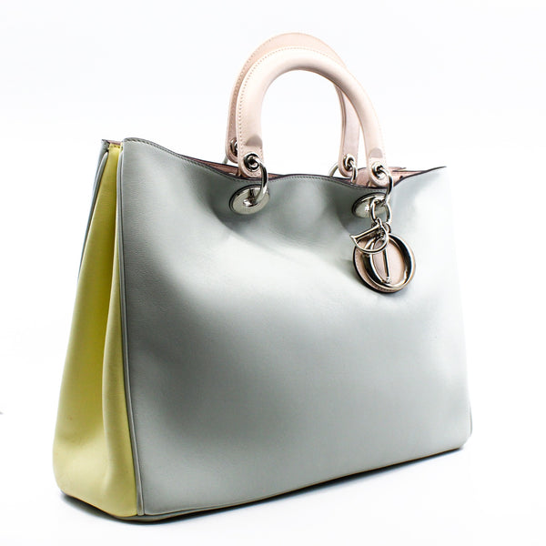 Large Diorissimo In Grey/Yellow/Pink Calfskin Leather Handbag PHW With Strap - L'UXE LINK