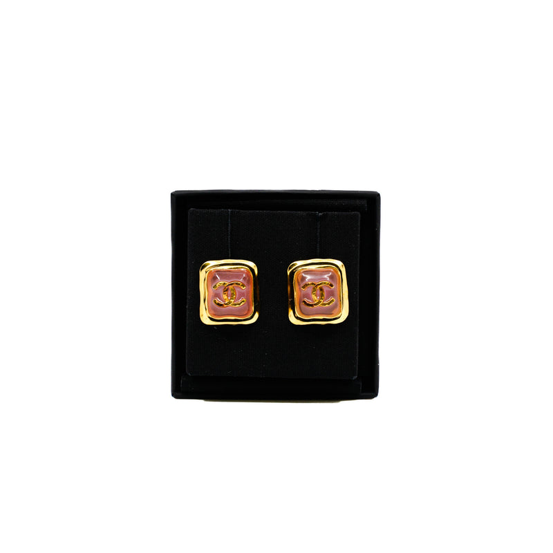 Pink Square Gold CC Logo Earrings - L'UXE LINK