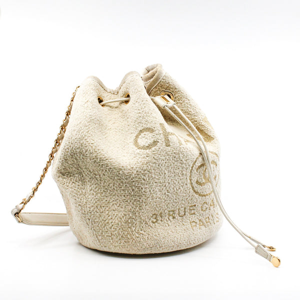 White Tweed Deauville Drawstring Backpack GHW Seri 28 - L'UXE LINK