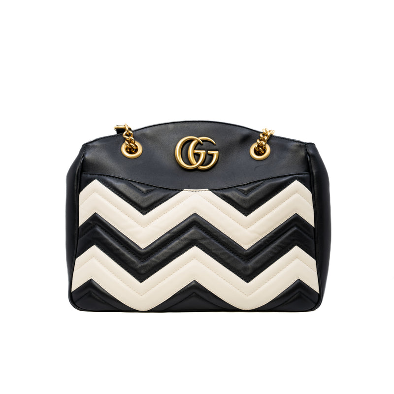 Medium Matelassé GG Black/White Calfskin Marmont Shoulder Bag GHW - L'UXE LINK