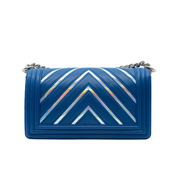 Medium Leboy Lambskin Iridescent PVC Chevron Blue Silver Flap Bag PHW Seri 24