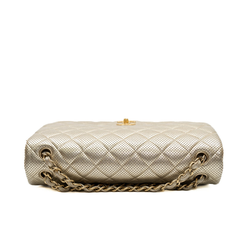 Jumbo Classic In Gold Quilted Perforated Lambskin Double Flap Bag GHW Seri 20 - L'UXE LINK