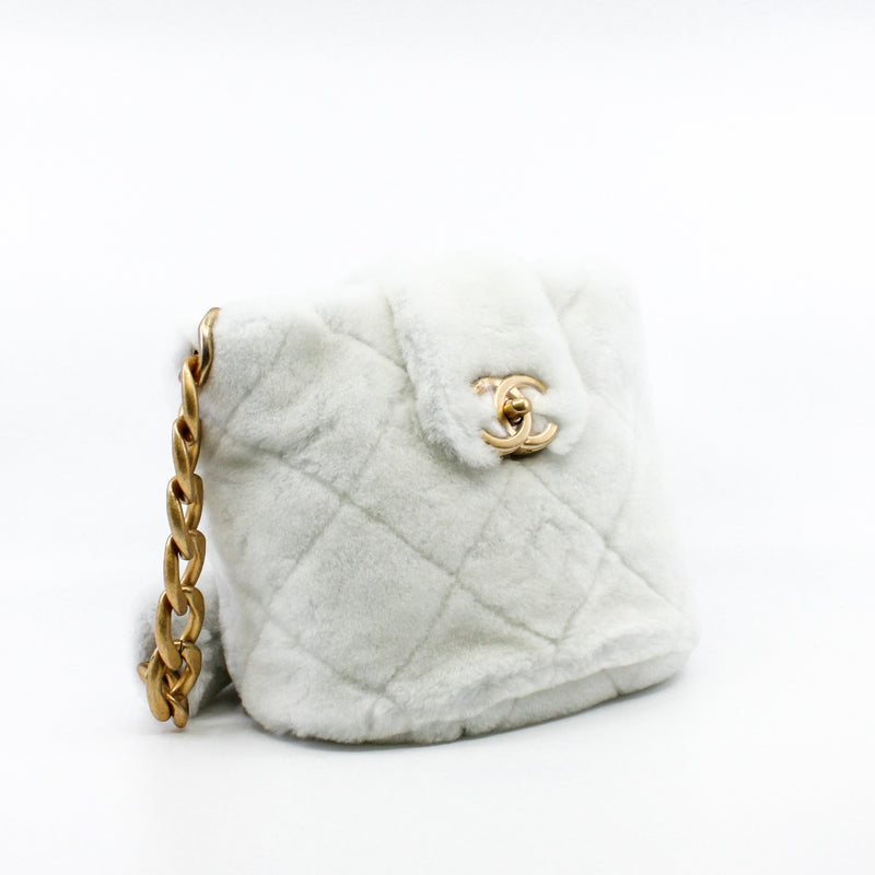 White Shearling With Fur Strap Bucket Bag GHW Seri 30