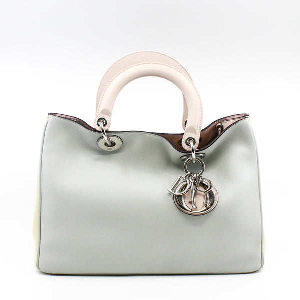 Medium Diorissimo In Grey/Yellow/Pink Calfskin Leather Handbag PHW With Strap - L'UXE LINK