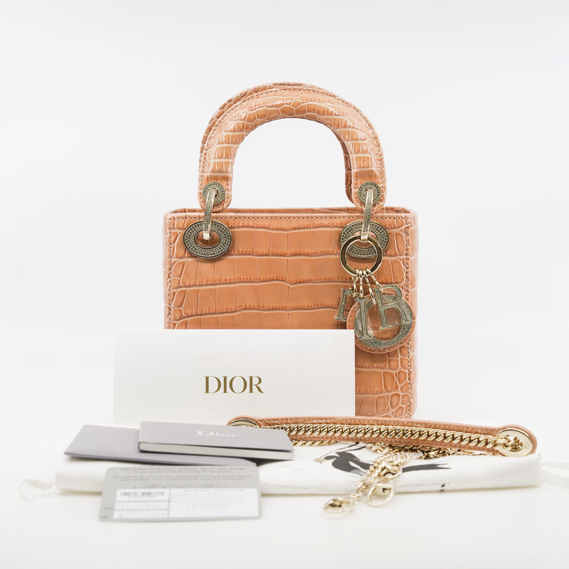 Mini Lady Dior In Peach Alligator Leather Handbag Crystal Hardware With Chain - L'UXE LINK