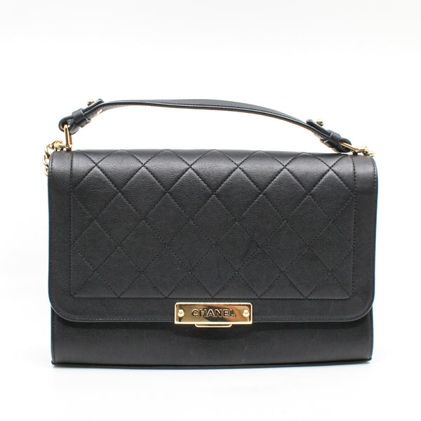 Large Label Click In Black Calfskin Leather Quilted Top Handle Flap Bag GHW Seri 23 - L'UXE LINK