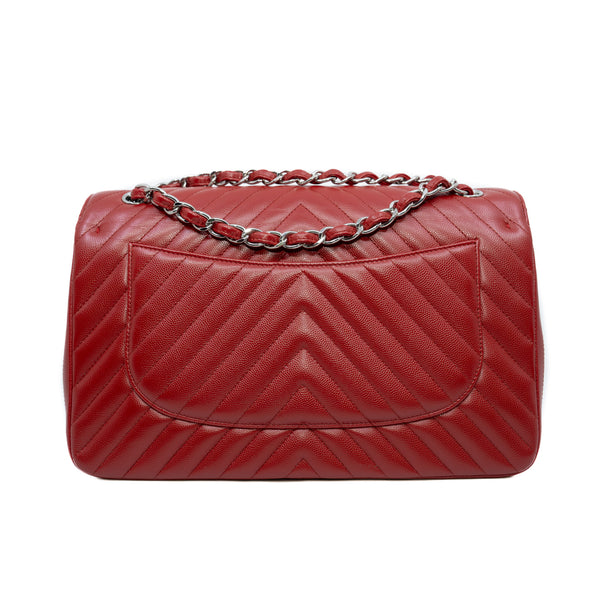 Large Cf In Chevron Caviar Calfskin Red Double Flap Bag Phw Seri 22 - L'UXE LINK