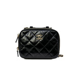 thumbnail Mini Vanity Case With Top Handle In Black Shiny Lambskin Quilted Bag GHW - L'UXE LINK