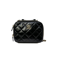 Mini Vanity Case With Top Handle In Black Shiny Lambskin Quilted Bag GHW - L'UXE LINK