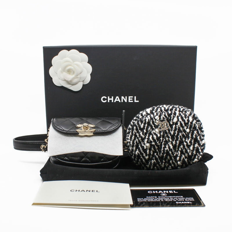 CC Black Quilted Lambskin Waist Bag With Black And White And Tweed Coin Purse GHW Seri 28 - L'UXE LINK