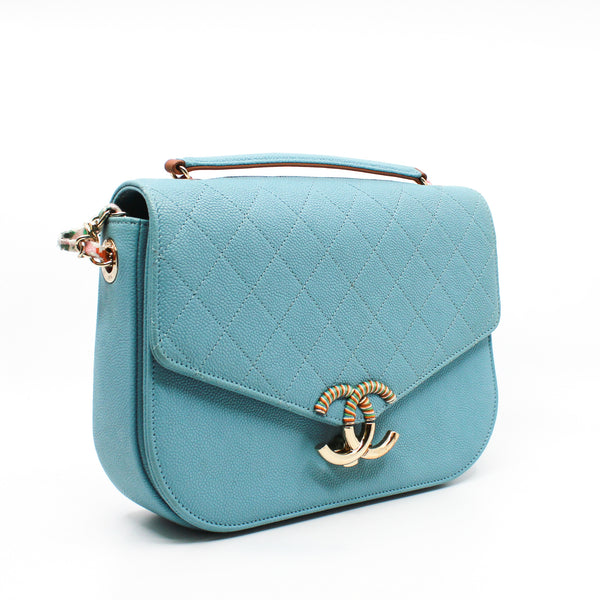 Medium Thread Around Light Blue Grained Calfskin Quilted Cuba Top Handle Flap Bag GHW Seri 23 - L'UXE LINK