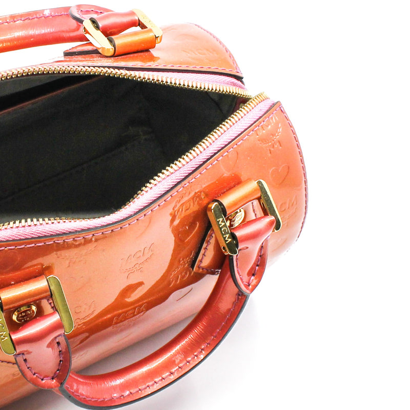 MCM Bronze/Pink Monogram Patent Leather Boston Bag GHW With Strap