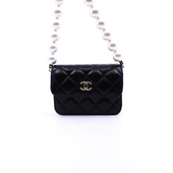 Black Lambskin Leather Quilted Maxi Pearls Chain Card Holder Flap Bag LGHW Seri 31