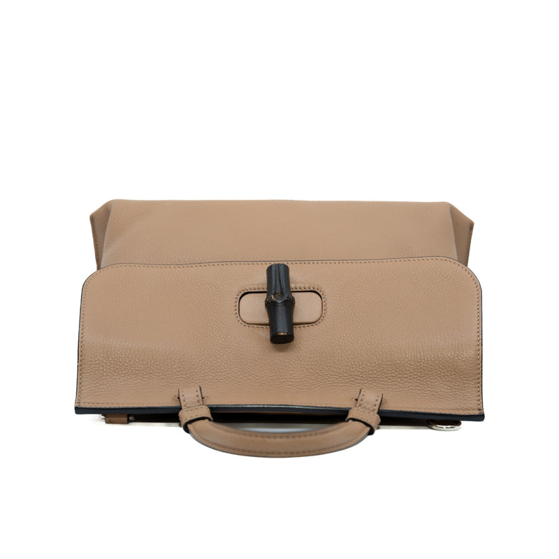 flap bag with bamboo buckle in calfskin beige brown phw