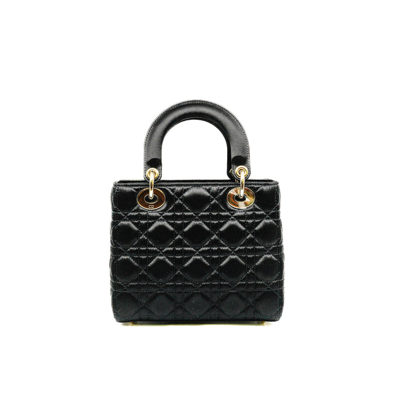 Small Black In Satin Lady Dior With Crystal Buckle GHW With Strap - L'UXE LINK