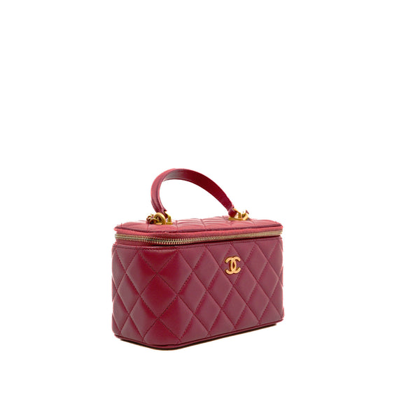 Small Top Handle In Dark Pink Lambskin Quilted Vanity Case With Chain GHW Seri 31 - L'UXE LINK