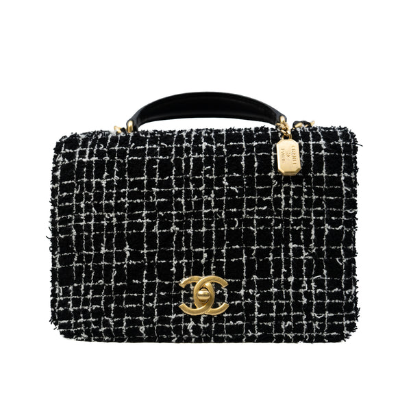 Small Top Handle Black/White In Tweed/Lambskin Flap Bag GHW Seri PPEKXXXX