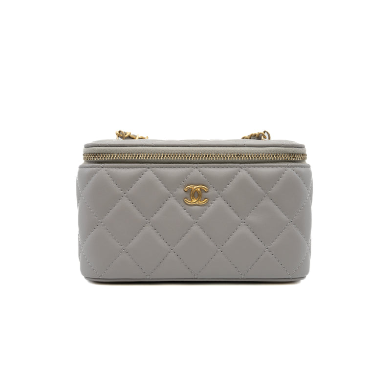 Lambskin Quilted Pearl Crush Small Vanity Case with Chain Grey Ghw #HL3 - L'UXE LINK