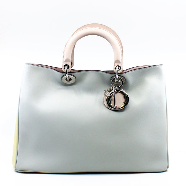 Large Diorissimo In Grey/Yellow/Pink Calfskin Leather Handbag PHW With Strap - L'UXE LINK