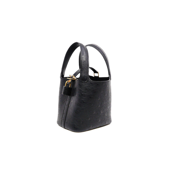 picotin 14cm in Black Ostrich leather stamp W GHW