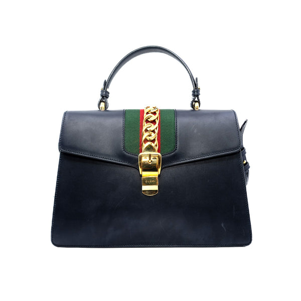 Medium Sylvie Top Handle Bag Leather Navy GHW 2015 - L'UXE LINK