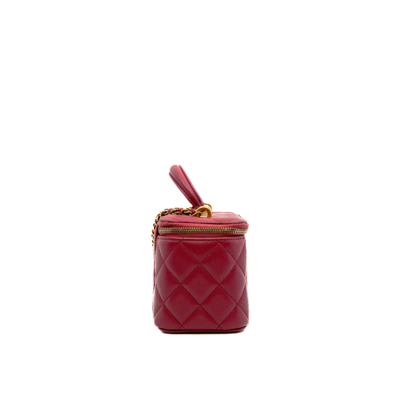 Small Top Handle In Dark Pink Lambskin Quilted Vanity Case With Chain GHW Seri 31 - L'UXE LINK