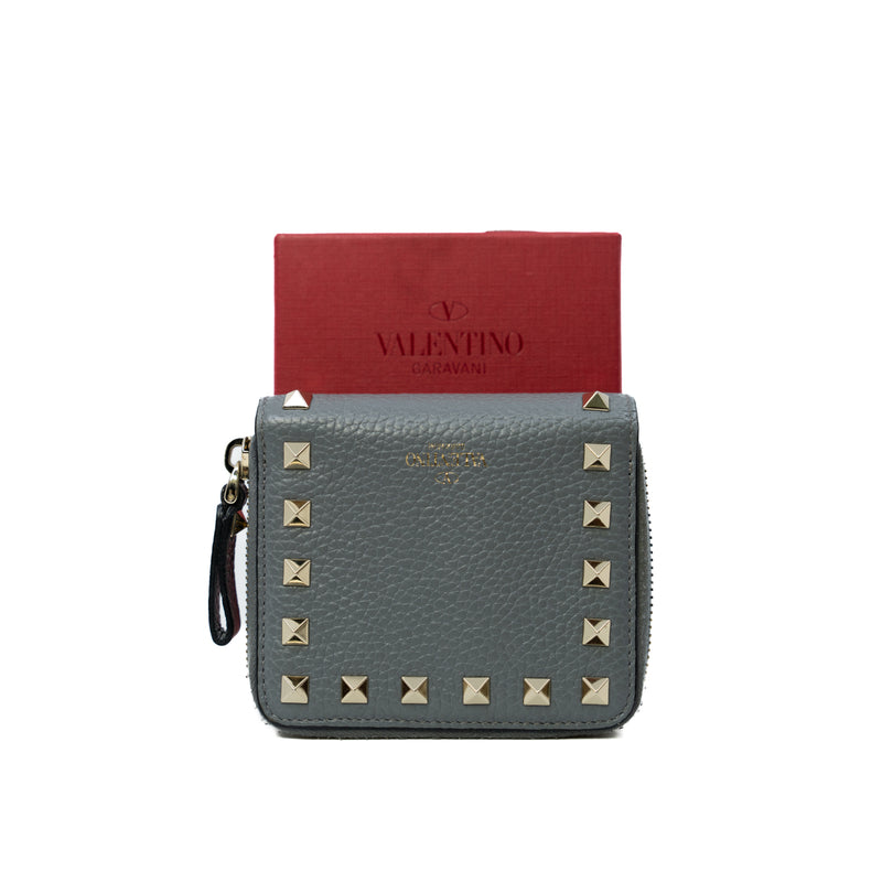 Rockstud Zip Around Wallet In Grey Calfskin Leather GHW - L'UXE LINK