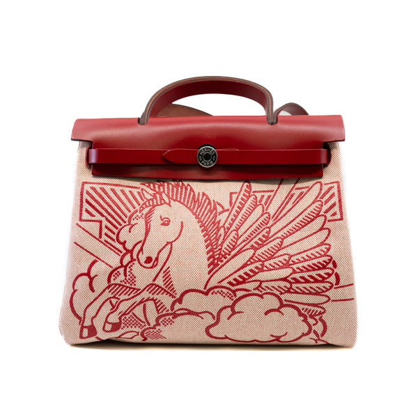 Herbag 31 Pègase Pop Toile Canvas/Leather Vache Hunter Écru/Rouge Piment PHW Y Stamp - L'UXE LINK