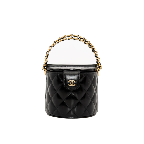 Double Sided In Black Shiny Lambskin Quilted Round Top Handle Vanity Bag GHW With Chain - L'UXE LINK