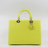 thumbnail Large Lady Dior Green Yellow Crocodile Leather Handbag PHW With Strap - L'UXE LINK