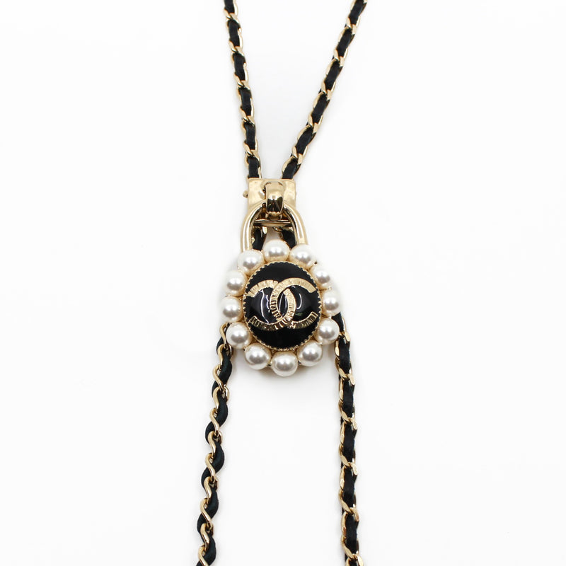 CC Logo And Pearl Lock In Black Leather Necklace GHW - L'UXE LINK