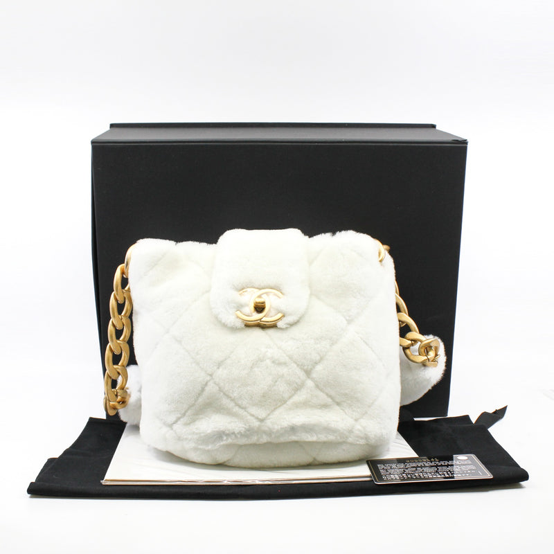 White Shearling With Fur Strap Bucket Bag GHW Seri 30