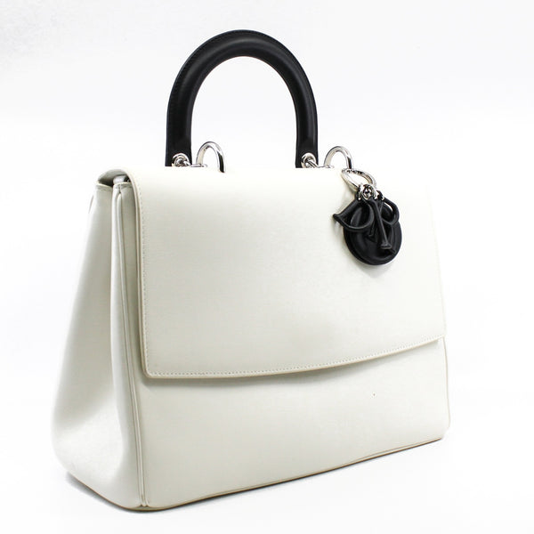 Medium Be Dior Leather Top Handle White/Black Handbag PHW With Strap