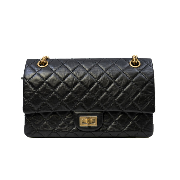 2.55 Reissue 225 Black Aged Calfskin Quilted Flap Bag GHW Seri 28 - L'UXE LINK