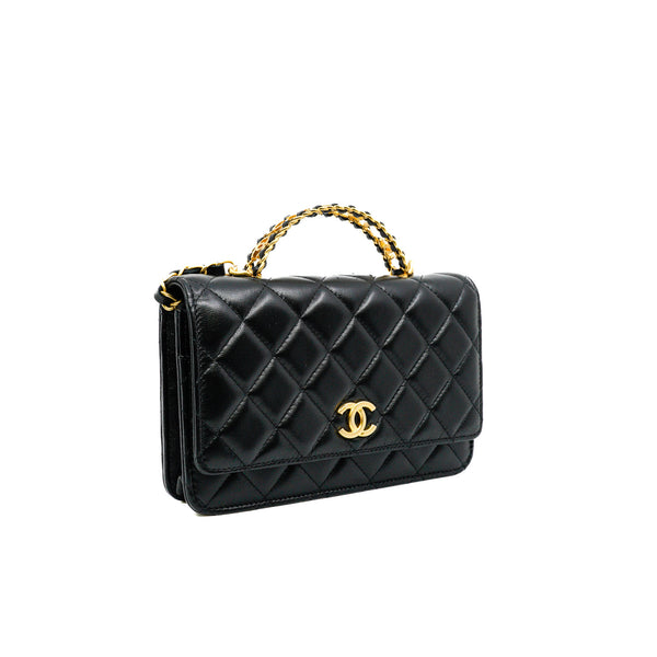 Logo Top Handle Black Wallet On Chain Lambskin GHW - L'UXE LINK