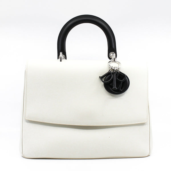 Medium Be Dior Leather Top Handle White/Black Handbag PHW With Strap