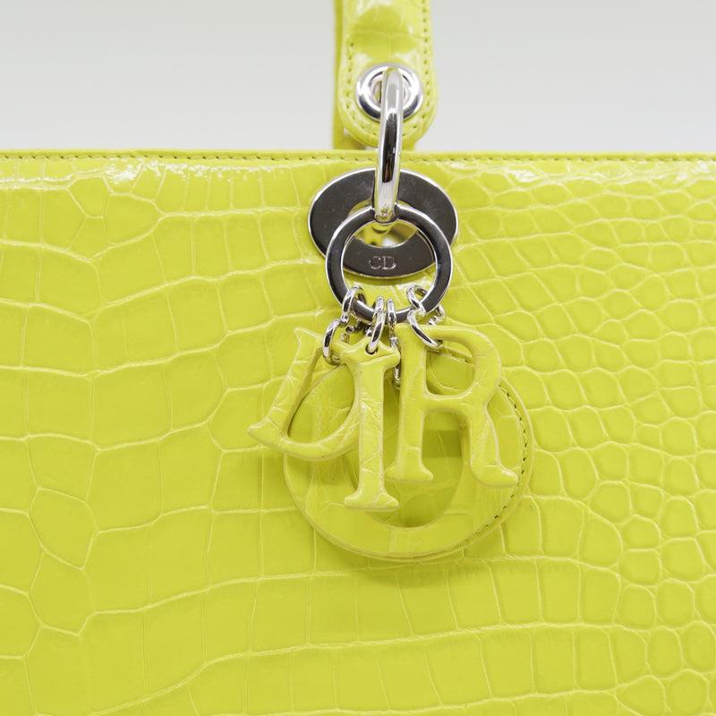 Large Lady Dior Green Yellow Crocodile Leather Handbag PHW With Strap - L'UXE LINK